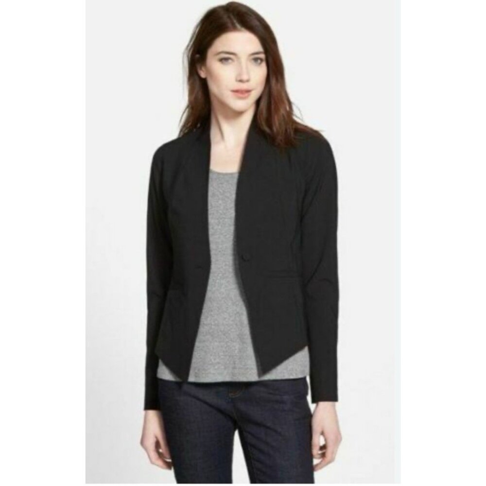 Eileen Fisher Suit Jacket Blazer 2 Black Stretch Wool Silk Blend Lining Fitted